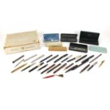 Fountain pens, ball point pens and propelling pencils including a silver coloured metal dip pen,