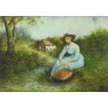 Watercolour, seated strawberry picker before a landscape, bearing a signature Mccolvin, mounted