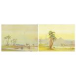 Pair of watercolour and gouache onto card, Middle Eastern desert scenes, figures and camels, each