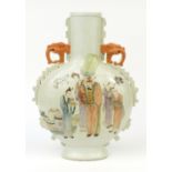 Large Chinese porcelain moon flask with elephant head handles, hand painted in famille rose