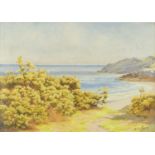 Forster Robson - Blue and gold, Kennack Cornwall, watercolour, label verso, mounted and framed, 34cm