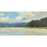 Brent Troulle - Okarito low tide New Zealand, gouache, label verso, mounted and framed, 38cm x