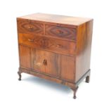 Art Deco walnut three drawer chest with cupboard base, 92cm high x 88cm wide x 48cm deep