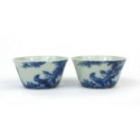 Pair of Chinese blue and white porcelain bowls, each hand painted with birds amongst branches, six