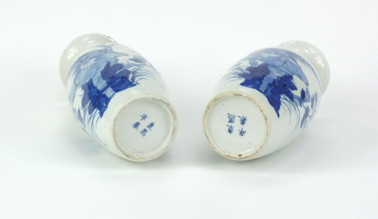 Pair of Chinese blue and white porcelain baluster shaped vases, both hand painted with birds and - Image 3 of 4