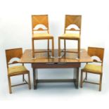 xxxx stitch Art Deco Beautility walnut dining suite comprising a rectangular draw leaf dining table,