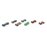 Seven die cast Dinky toys racing vehicles including Ferrari 234, H.W.M 235, Auto Union and Connaught