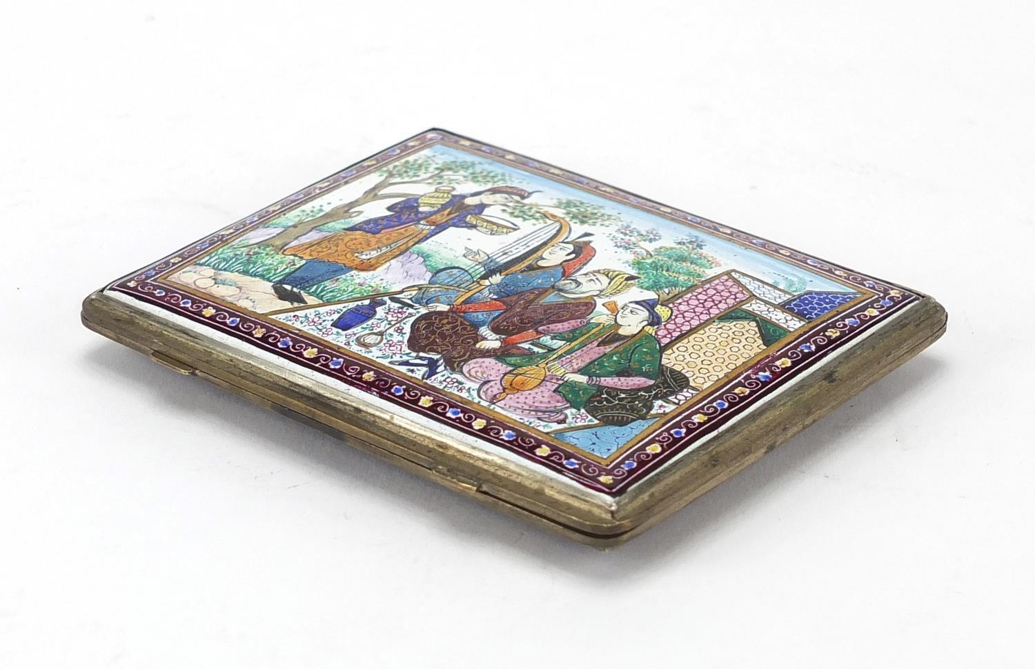 Persian enamelled cigarette case hand painted with figures, flowers and birds, 10.5cm x 8cm : For