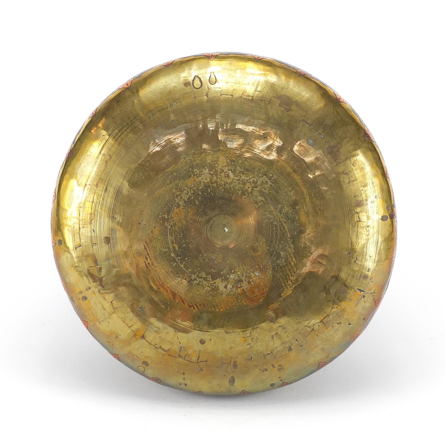 Cairoware brass bowl with silver inlay decorated with script and floral motifs, 25cm in diameter : - Image 5 of 5