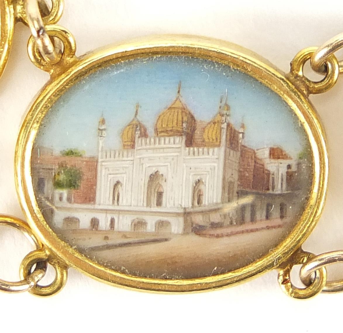 Five Indian watercolour miniatures onto ivory panels, housed in unmarked gold mounts and necklace, - Image 3 of 10