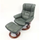 Stressless green leather reclining chair with stool : For further condition reports please visit