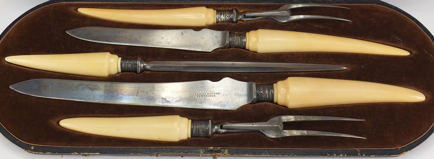 Victorian five piece carving set with ivory handles, silver mounts and Francis Newton of Sheffield - Image 2 of 6