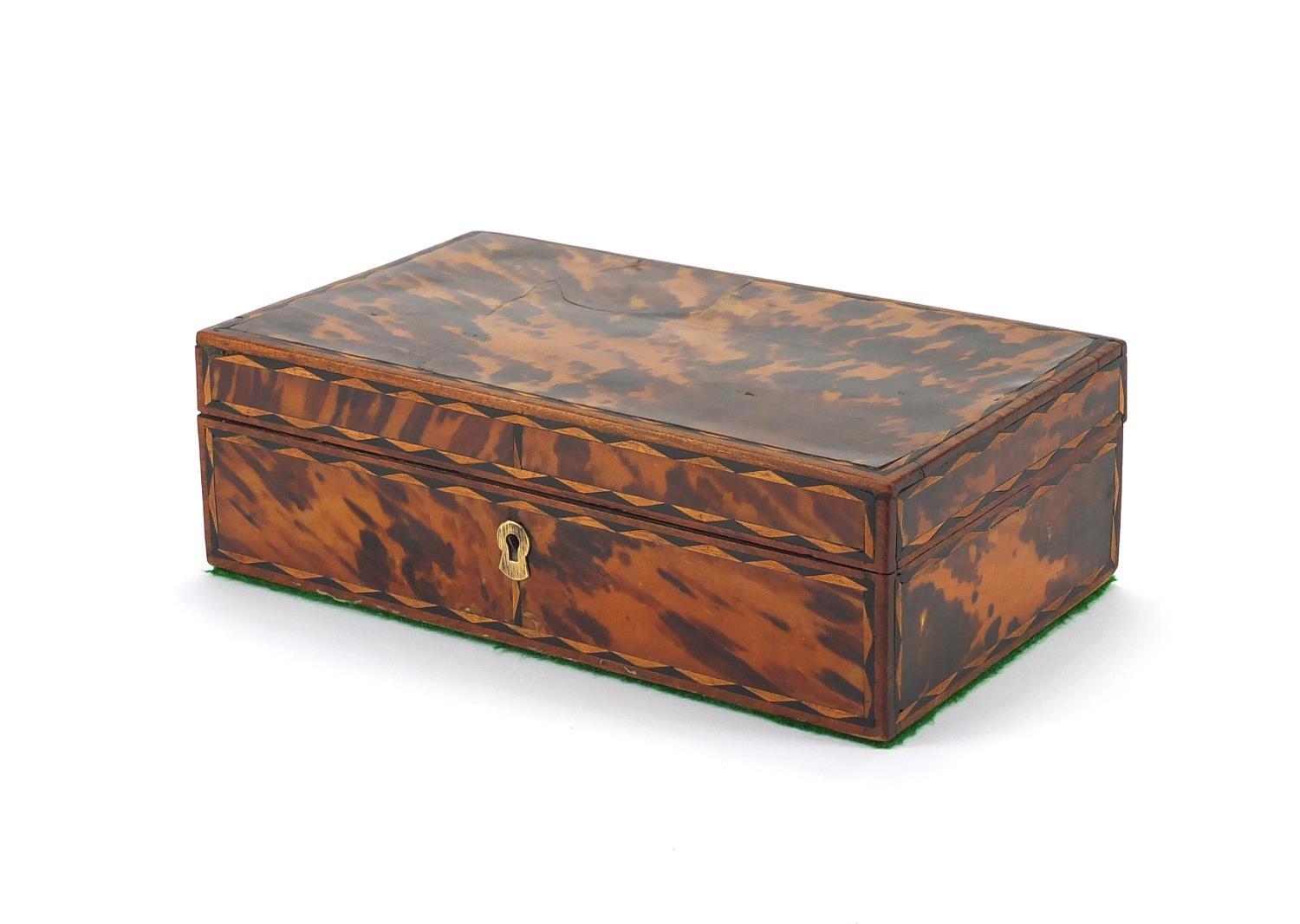 Rectangular inlaid tortoiseshell box with hinged lid, 7.5cm H x 23cm W x 13cm D : For further