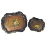 Two Victorian lacquered paper Mache trays, both hand painted and gilded with parrots and flowers,