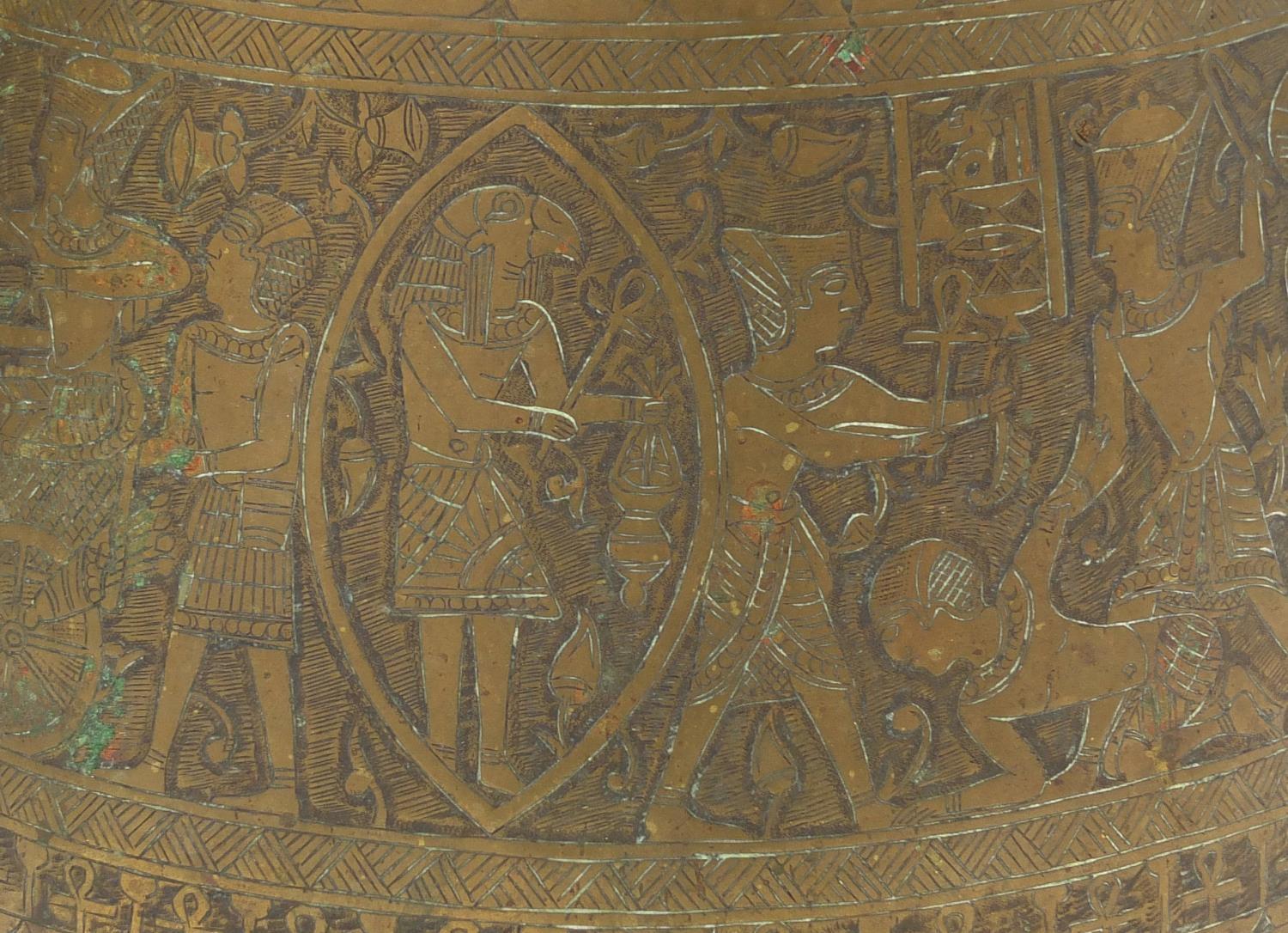 Egyptian brass pot together with a large tray, both profusely engraved with figures, the tray 70cm - Image 6 of 11