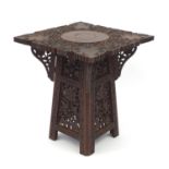 Hardwood folding coffee table with brass inlay, carved and pierced with vines and grapes, 49cm