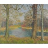 F M Delacoze 1940 - February sunshine, trees by the water, oil onto canvas, labels verso, framed,