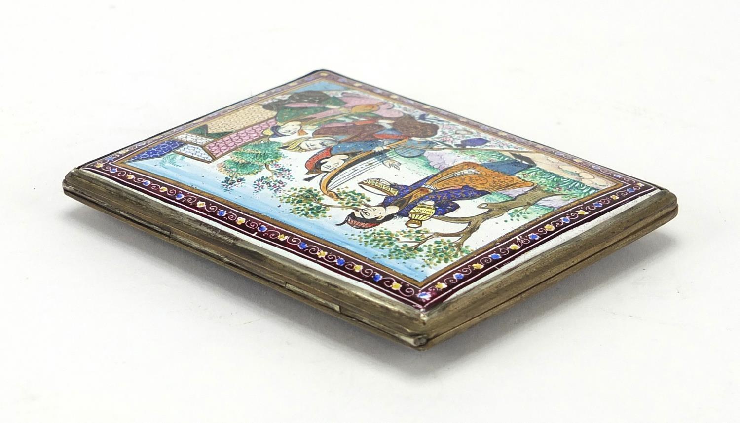 Persian enamelled cigarette case hand painted with figures, flowers and birds, 10.5cm x 8cm : For - Image 3 of 4