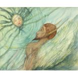 Surreal composition, man and the sun, watercolour onto card, bearing a signature M Symes, label