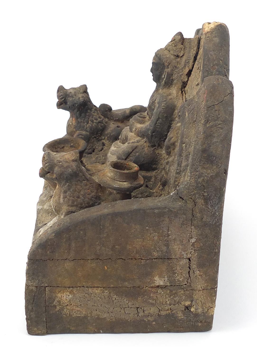 Antique Middle Eastern wooden carving of a deity and mythical creatures, 25cm H x 29cm W x 17cm - Image 3 of 6