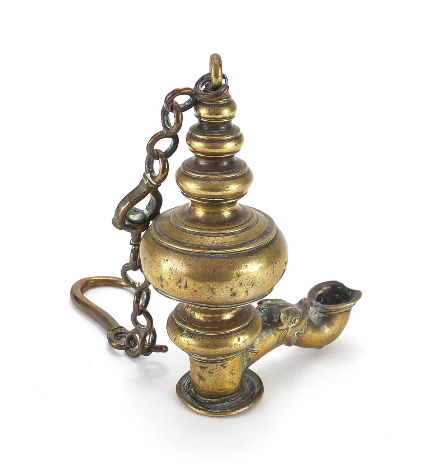 Antique Far Eastern brass hanging oil lantern, with hanging chain, overall 38cm in length : For - Image 3 of 4