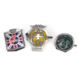 Three motoring interest car badges an Amis Des Routiers, Brands Hatch and an AA example, the largest