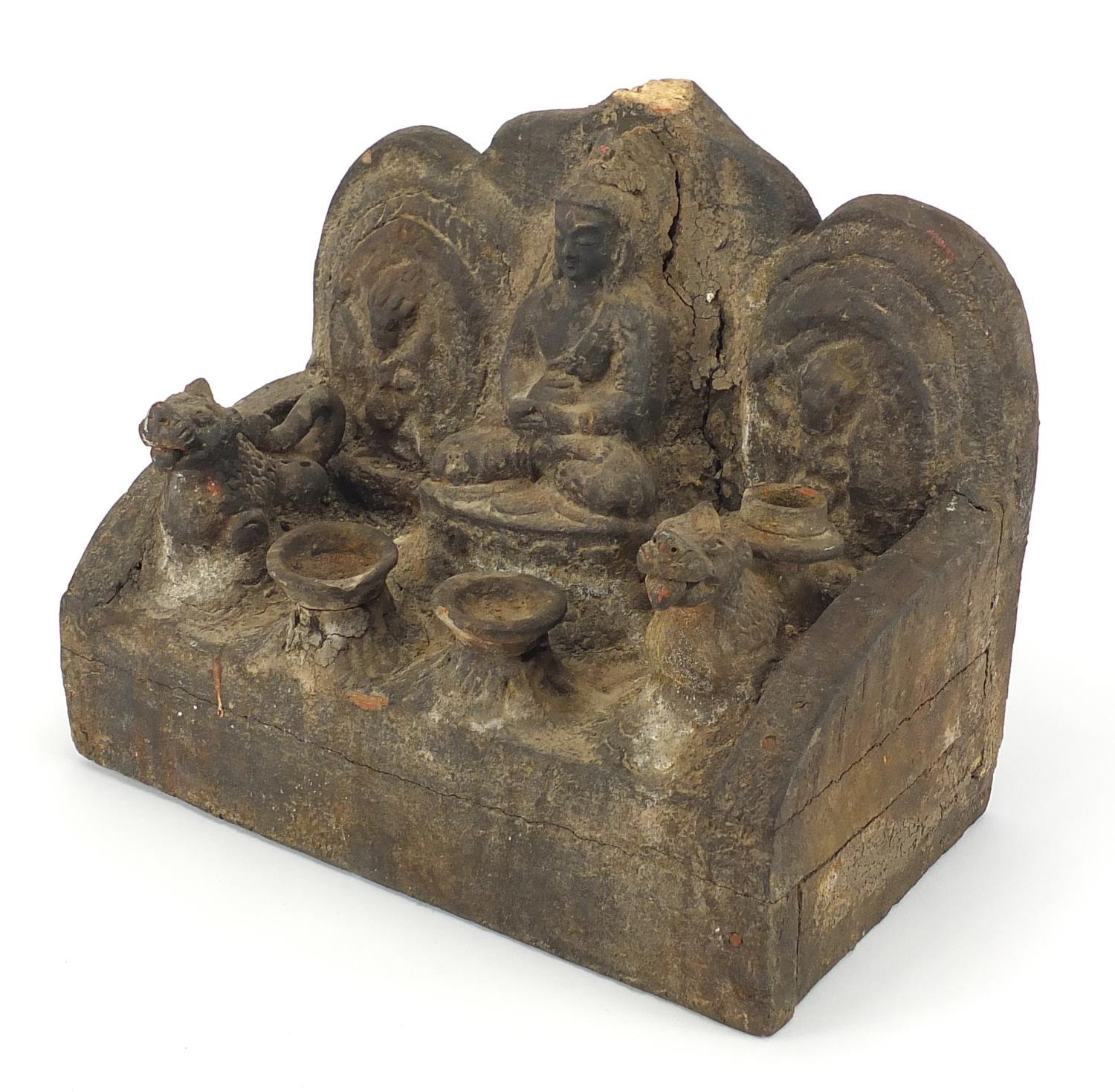 Antique Middle Eastern wooden carving of a deity and mythical creatures, 25cm H x 29cm W x 17cm