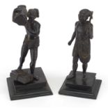 Two Asian bronze studies of workmen, both raised on square wooden bases, the largest 20cm high : For
