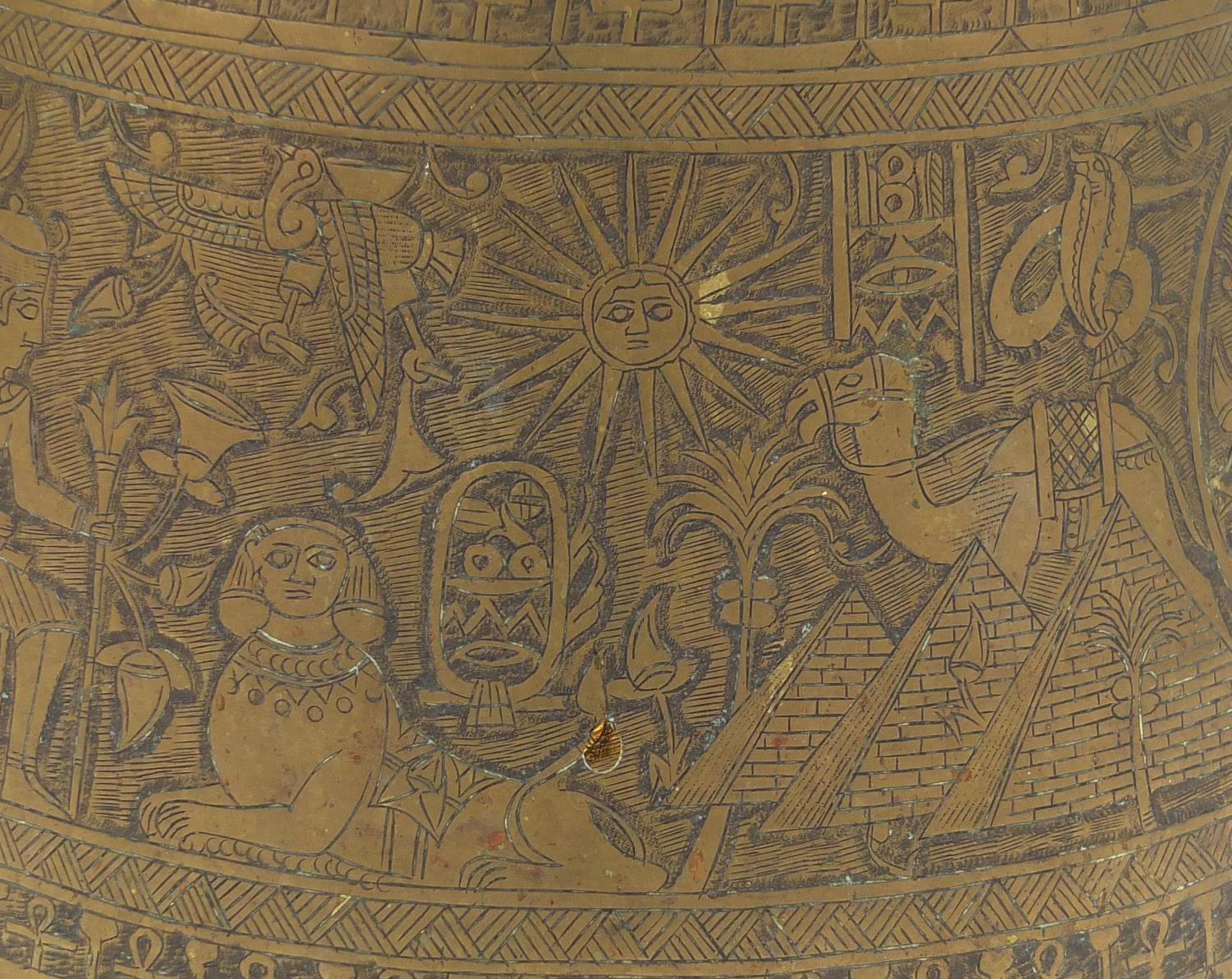 Egyptian brass pot together with a large tray, both profusely engraved with figures, the tray 70cm - Image 8 of 11