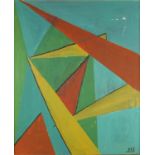 Abstract composition, geometric shapes, oil onto board, bearing a monogram HS, framed, 52cm x 42.5cm