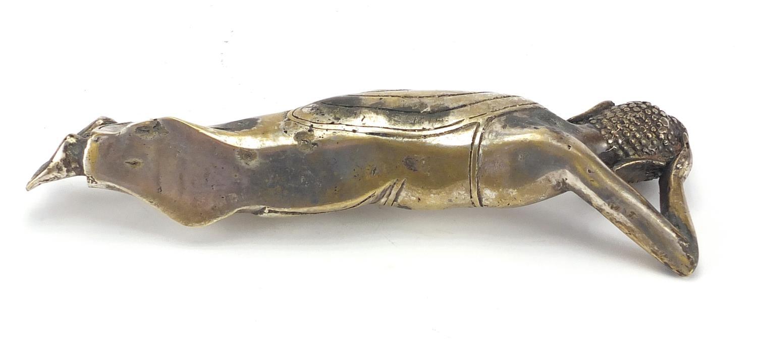 Silvered bronze reclining Buddha, 23cm wide : For further condition reports please visit www. - Image 6 of 7