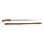 Naturalistic wooden sword stick with brass ferrule and steel blade, 92cm in length : For further