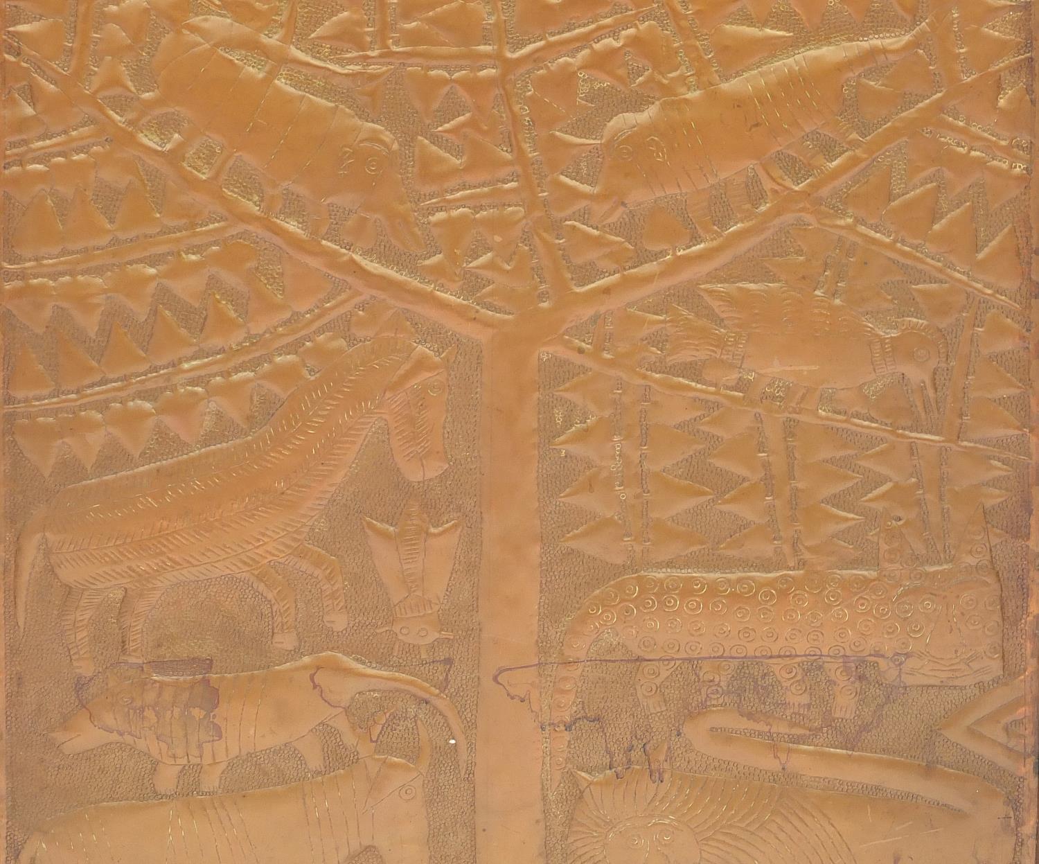 Large African copper panel embossed with tribesman, animals and insects, housed in a hard wood - Image 4 of 4