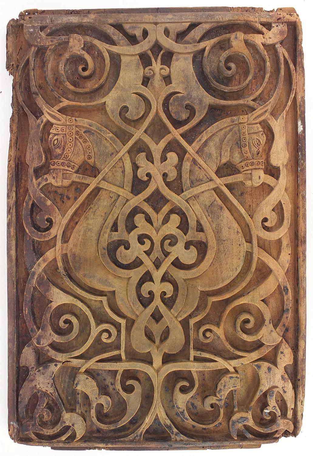 16th/17th century ottoman wood panel caved with horse heads and floral motifs, 53cm x 34.5cm : For