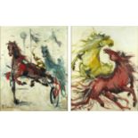 Horse drawn cart and warhorses, pair of oil onto canvases, both bearing a signature R Illeiell?,