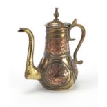 Middle Eastern brass and copper coffee pot, 22cm high : For further condition reports please visit