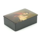 Rectangular Russian lacquered Paper Mache box, the hinged lid hand painted with a young girl