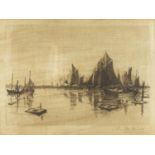 Charles F W Mielaz - Block Island Harbour, pencil signed black and white etching onto silk,