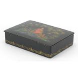 Rectangular Russian lacquered Paper Mache box, hand painted with a long haired girl and a fox