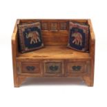 Hardwood two seater bench with frieze drawers, 81cm H x 105cm W x 55cm D : For further condition