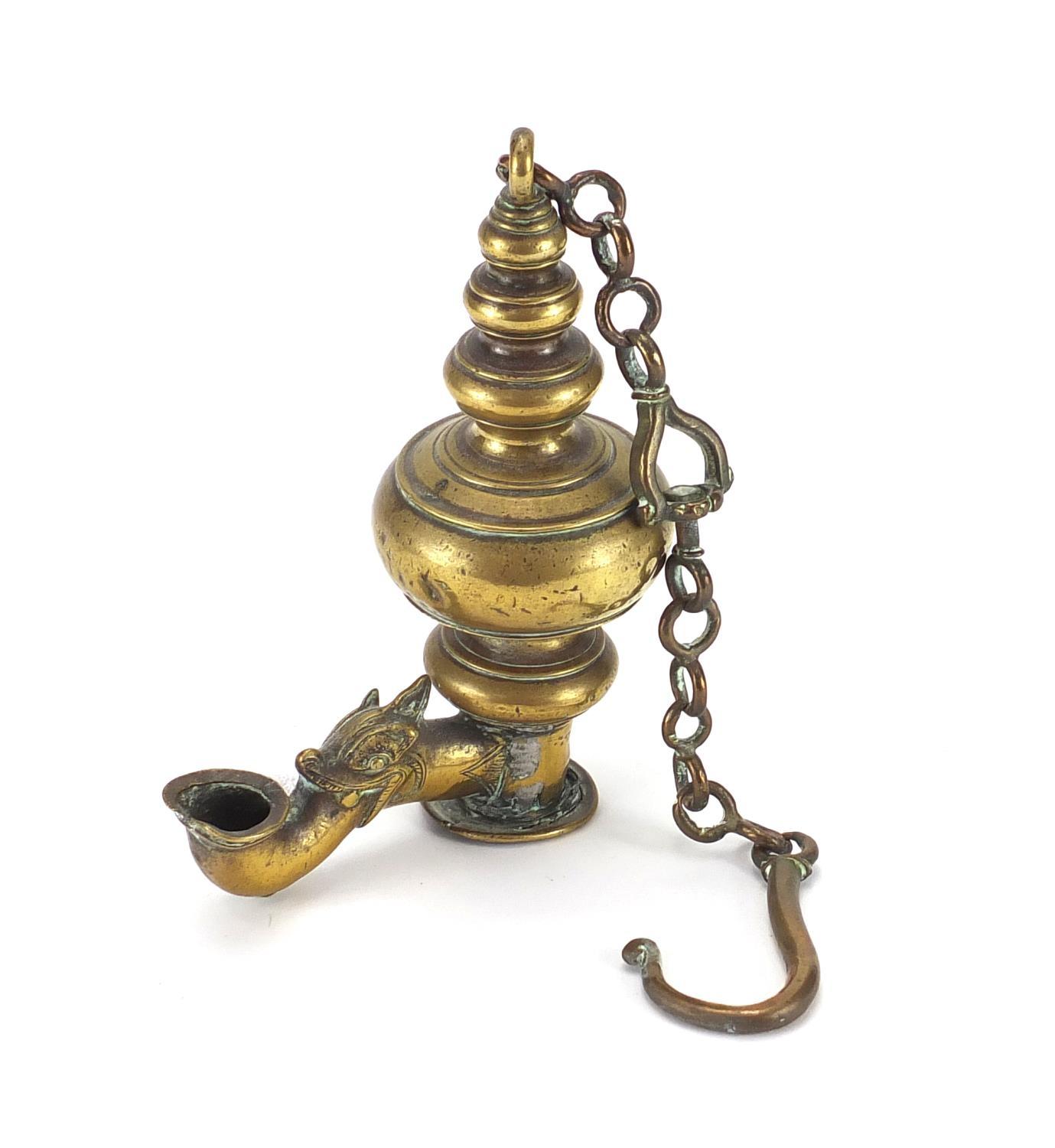 Antique Far Eastern brass hanging oil lantern, with hanging chain, overall 38cm in length : For