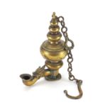 Antique Far Eastern brass hanging oil lantern, with hanging chain, overall 38cm in length : For