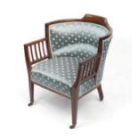 Edwardian mahogany framed tub chair with blue upholstery, 72.5cm high : For further condition