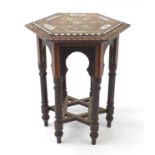 Islamic inlaid hexagonal table decorated with script, 49cm high : For further condition reports