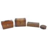 Four Victorian wooden boxes including a rectangular Tunbridge ware example, the hinged lid with