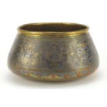 Cairoware brass bowl with silver inlay decorated with script and floral motifs, 25cm in diameter :