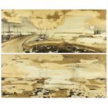 Moored boats and road beside a lake, pair of watercolours, both bearing an indistinct signature,