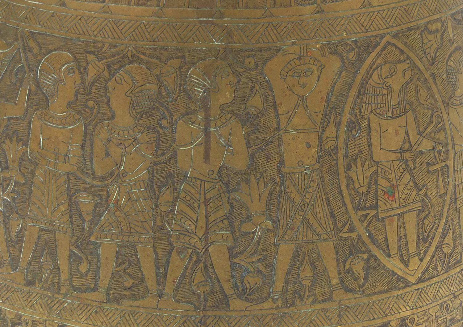 Egyptian brass pot together with a large tray, both profusely engraved with figures, the tray 70cm - Image 7 of 11