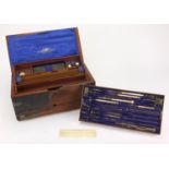 Victorian bur walnut brass bound drawing instrument set by Stanley, with fitted lift out interior