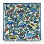 Turkish pottery tile hand painted with birds and flowers, 15.5cm x 15.5cm : For further condition